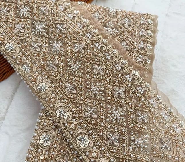 Embroidered lace with pearl and sequin work