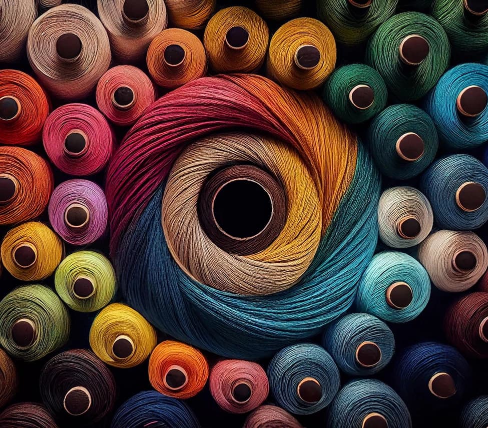 Spools of coloured thread around a large multicolour spool
