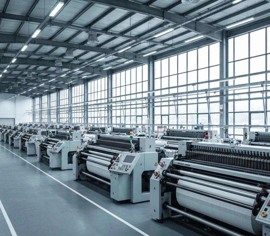 Rows of weaving machines on a bright factory floor