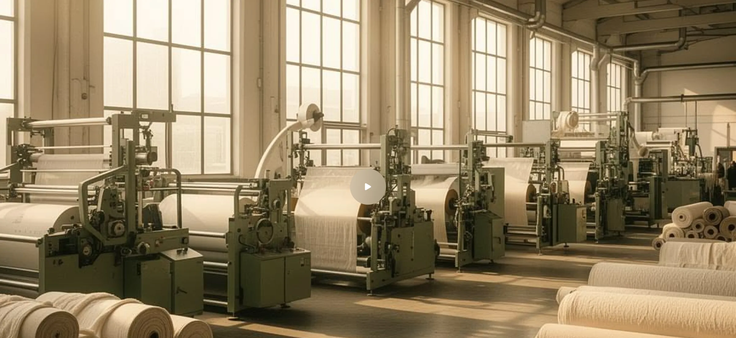 Weaving machines and fabric rolls on the LABH factory floor